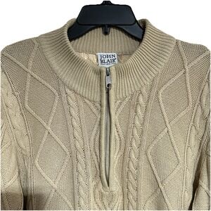 VINTAGE John Blair Cable Knit 3/4 Zip Mens L Tall Ivory‎ Sweater 90 Pockets